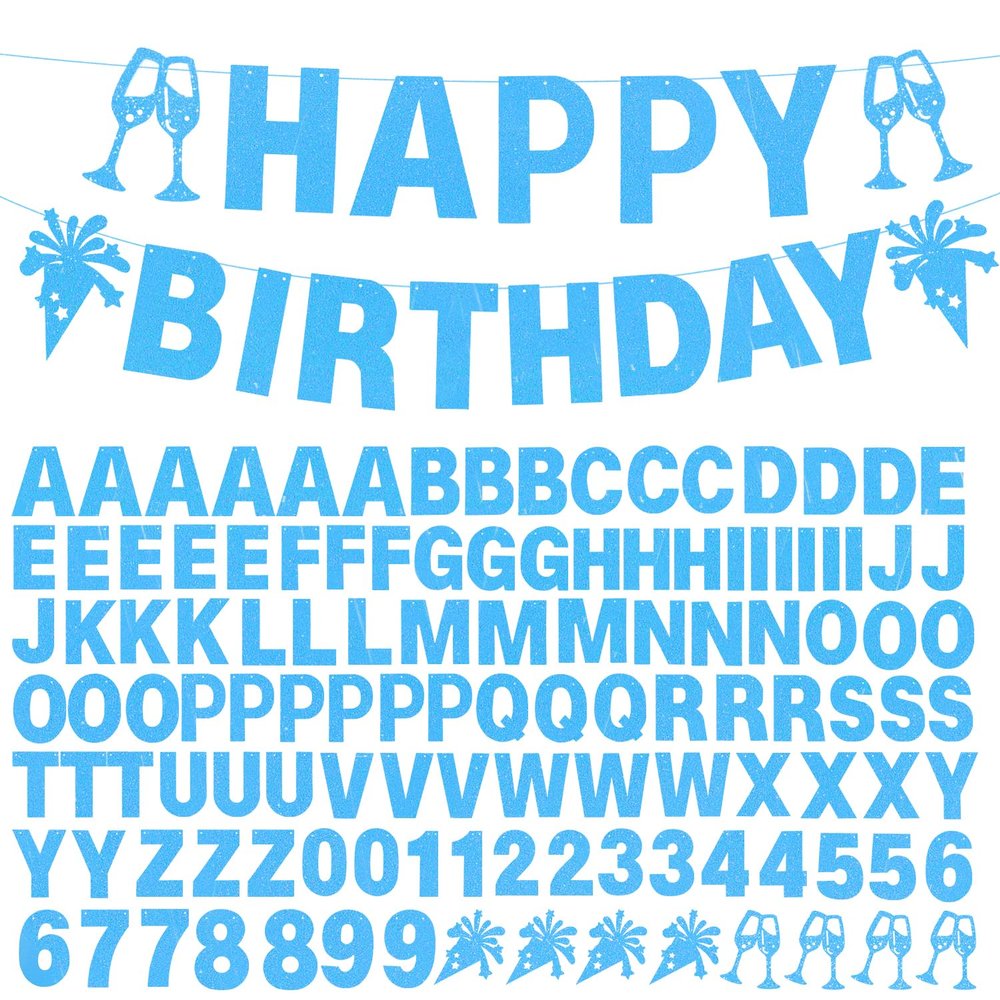 129Pcs DIY Custom Letter Banner Glitter Customizable Banners Kit 0-9 Numbers DIY Boy Happy Birthday Letters Personalized Banner for SeaWorld Theme Birthday Party Decoration Supplies(Dazzling LightBlue)