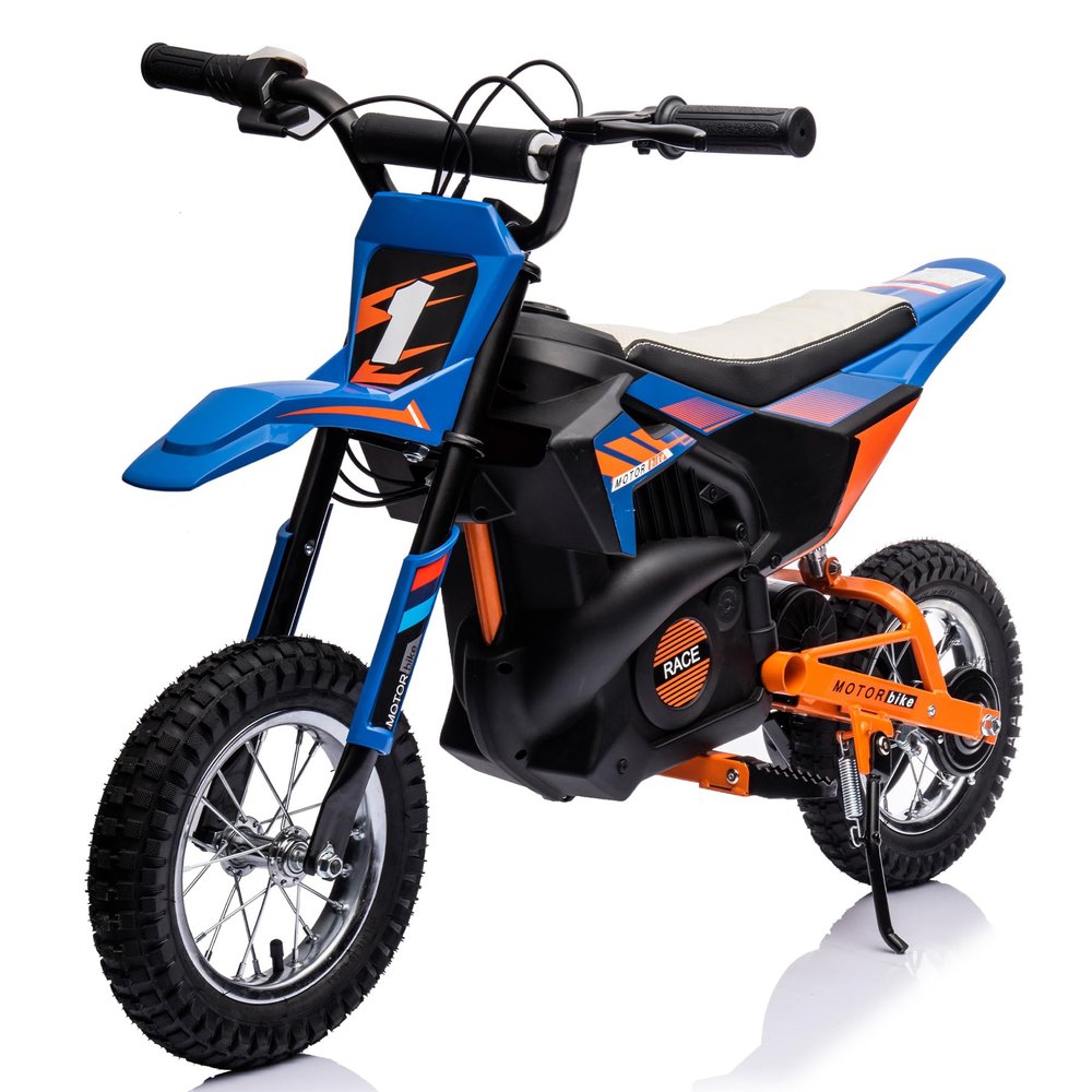 24V 7AH Kids Ride on Dirt Bike, 250W Strong Motor 13.6MPH Fast Speed Electric Off-Road Motorcycle, Leather Seat Dirt Bike, Chain-Driven, Metal Suspension, Air-Filled Tires, Blue
