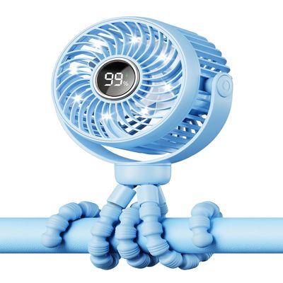 Bearwind Mini Portable Stroller Fan for Travel,360 Rotation,4-Speed LED Night Light Clip on Fans Operated by Rechargeable Battery, Cordless Fan with Tripod Car Seat Baby Pram (Blue)
