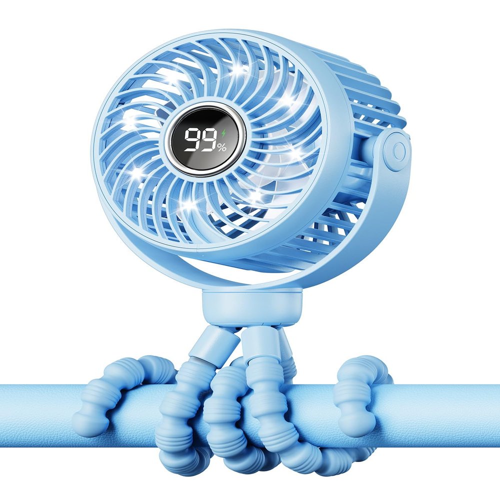 Bearwind Mini Portable Stroller Fan for Travel,360 Rotation,4-Speed LED Night Light Clip on Fans Operated by Rechargeable Battery, Cordless Fan with Tripod Car Seat Baby Pram (Blue)