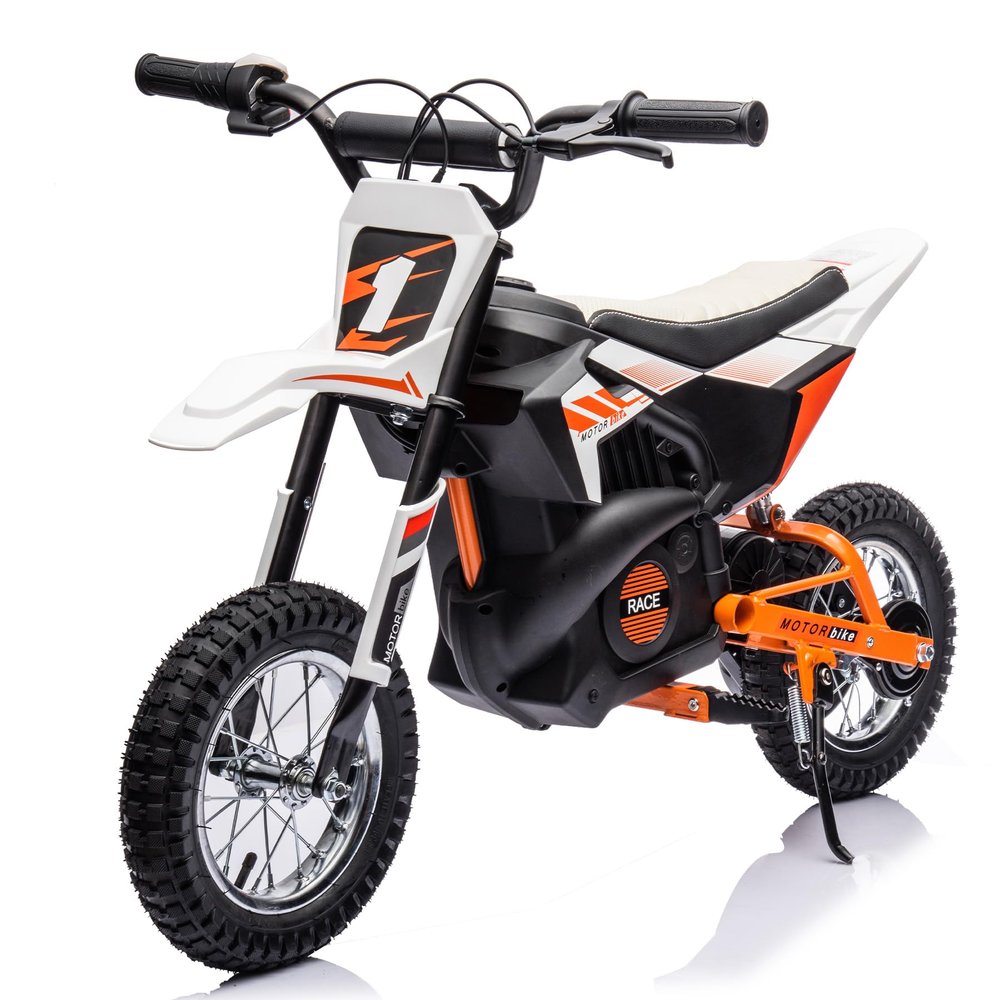 24V 7AH Kids Ride on Dirt Bike, 250W Strong Motor 13.6MPH Fast Speed Electric Off-Road Motorcycle, Leather Seat Dirt Bike, Chain-Driven, Metal Suspension, Air-Filled Tires, White