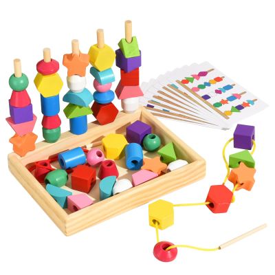 Gserin Montessori Bead Sequencing Set for Kids, Wooden Lacing Beads Toys for Toddlers, Matching Color Shape Stacker for 2 3 4 5 Years Old, Preschool Learning Educational Toys Gifts