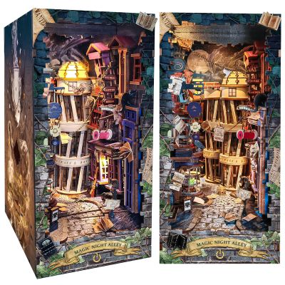 Spilay DIY Dollhouse Booknook Kit,DIY Bookshelf kit,Bookends Model Build kit,Handmade Crafts Gifts for Birthday Christmas (Magical Night Alley with LED Lights, English Manual)