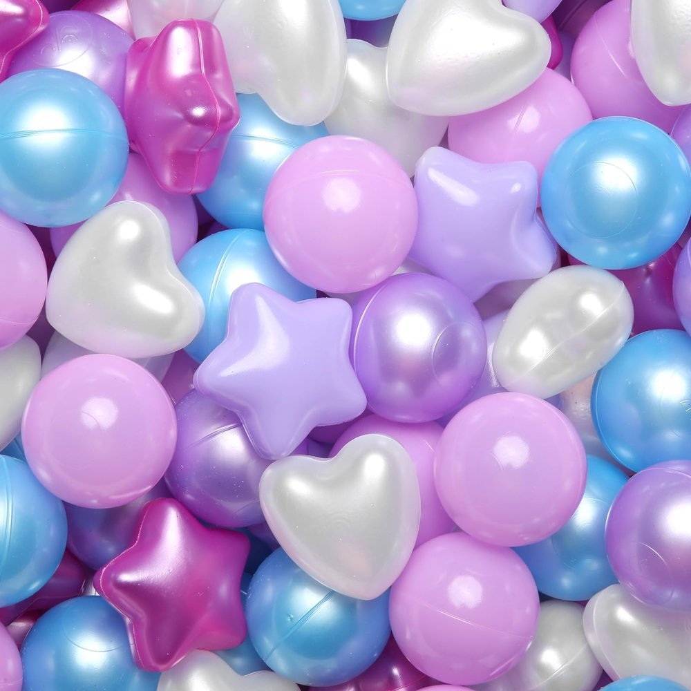 GOGOSO Ball Pit Balls,Plastics Balls for Ball Pit, Stars Hearts Shape for PastelBall for Toddlers Kids Pearl Pink+Blue+Purple+White,100pcs
