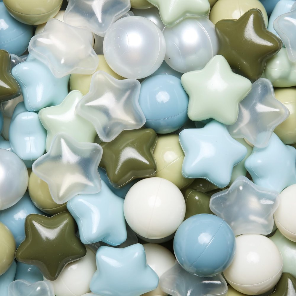 TRENDPLAY Star Ball Pit Balls 100 for Toddlers - Ball Pit Ball Shapes for Boys Girls Fun, Birthday Party, Christmas Decoration, Creamy Blue+Creamy Green+Pearl Balls+Clear
