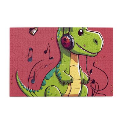 1000 Piece Jigsaw Puzzle for Adults Personalized Picture Puzzle Dinosaur Wearing Headphones Customized Wooden Puzzle for Family, Birthday, Wedding, Game Nights Gifts, 29.5"x19.7"