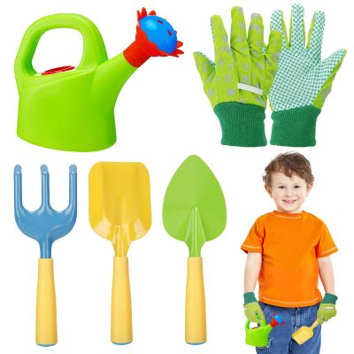 Biubee Kids Gardening Tools Set - Sturdy Watering Can Toy Set with Metal Shovel Hand Rake Kids Gloves, Toddler Gardening Kit Garden Toys for Outdoor Beach Sand Toy Gift