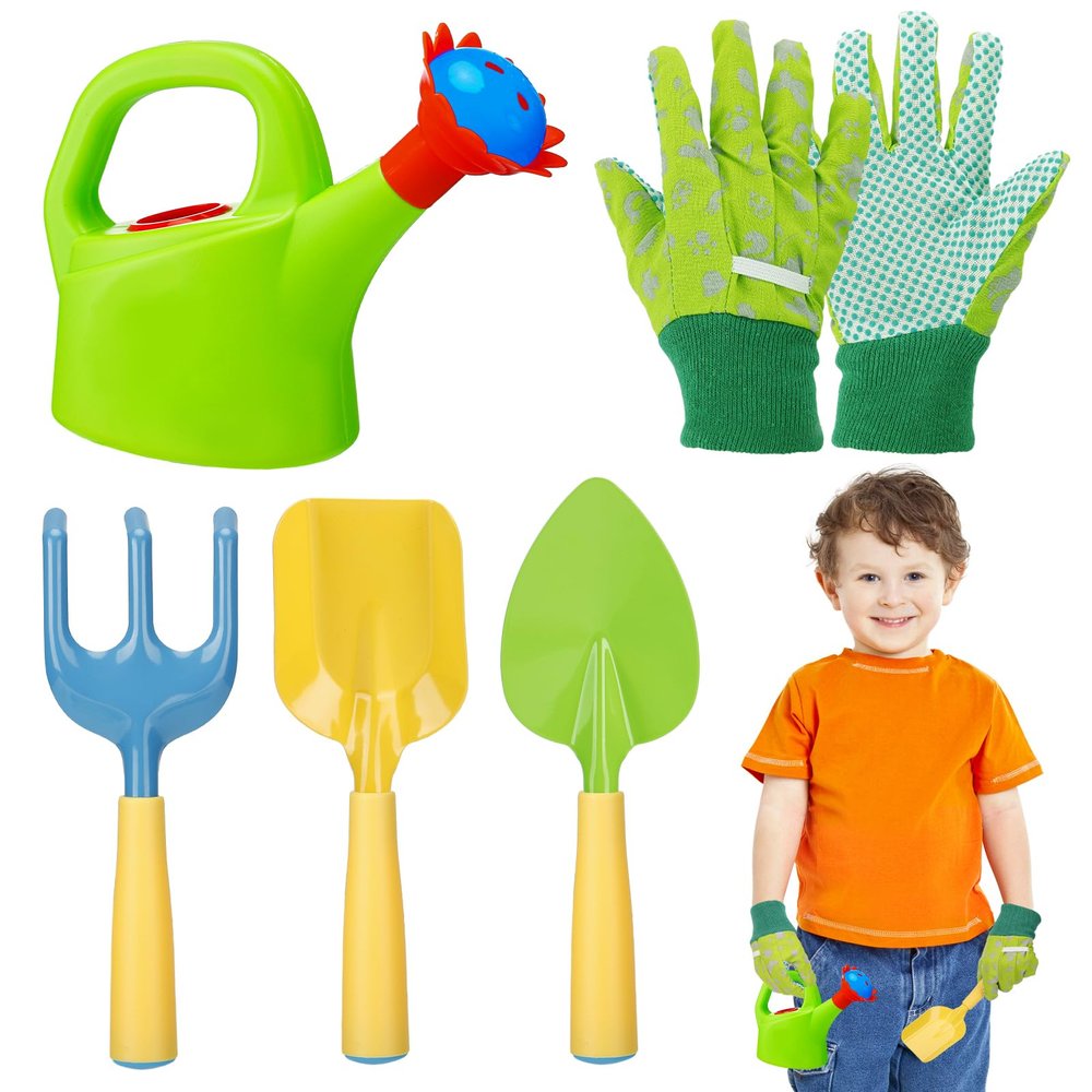 Biubee Kids Gardening Tools Set - Sturdy Watering Can Toy Set with Metal Shovel Hand Rake Kids Gloves, Toddler Gardening Kit Garden Toys for Outdoor Beach Sand Toy Gift