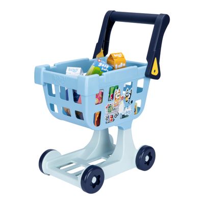 Bluey Shopping Trolley, Sturdy Toy Shopping Basket with Free-Rolling Wheels, Rotating Handle, and 8 Cardboard Accessories, Push Cart for Kids Ages 3+