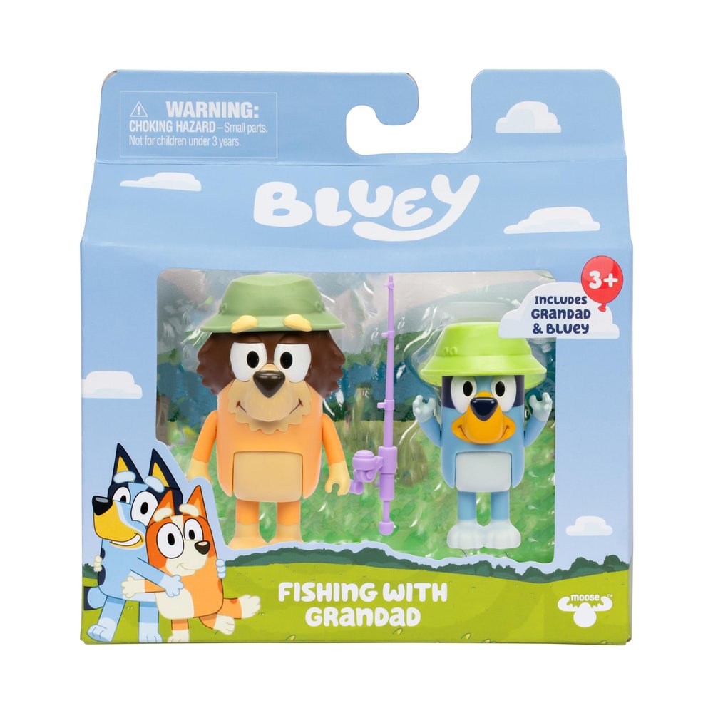 Bluey Fishing with Grandad Action Figure Set of 2, Character Toys with Grandad Figure and Fishing Rod Accessory, Small Action Figures for Kids Ages 3+