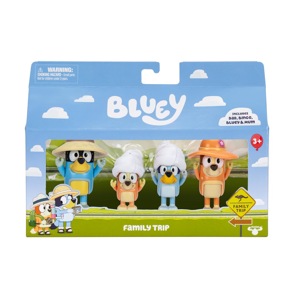 Bluey Family Figures Trip Pack of 4, Articulated Character Toys with Bingo, Bandit, and Chilli Figurines, Action Figures for Kids Ages 3+