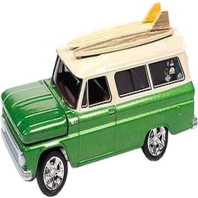 1965 Chevy Suburban Green Metallic and Cream with Two Surfboards Surf Rods Limited Edition to 3600 Pieces Worldwide 1/64 Diecast Model Car by Auto World CP7831
