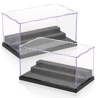 ZEAYEA 2 Pack Display Case for Minifigure Action Figures Blocks, Acrylic Display Box Storage with 3 Movable Steps, Dustproof Showcase for Collection Bricks Blocks Models Minifigures Building, Black