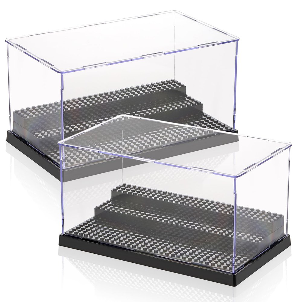 ZEAYEA 2 Pack Display Case for Minifigure Action Figures Blocks, Acrylic Display Box Storage with 3 Movable Steps, Dustproof Showcase for Collection Bricks Blocks Models Minifigures Building, Black