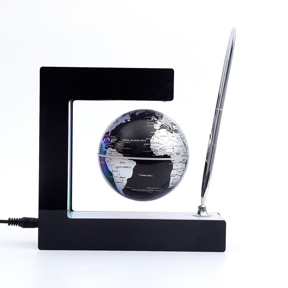 BEBEVOGUE Personalized Magnetic Levitation Floating Globe with LED Light & Pen Wireless Lighting World Globe for Office Home Desk Gadget Decor Cool Stuff Birthday Gift for Men Kids Boss Boys (Silver)