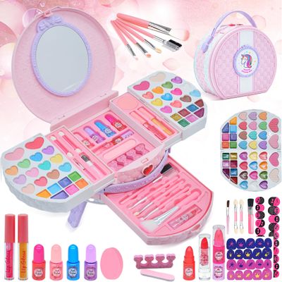 Kids Makeup Sets for Girls - Washable and Safe Makeup for Kids with Dresser Vanity Case, Girls Makeup Sets Ages 3-12, Christmas Birthday Gifts Toys for 4 5 6 7 8 9 Year Old Girl(Pink Purple)