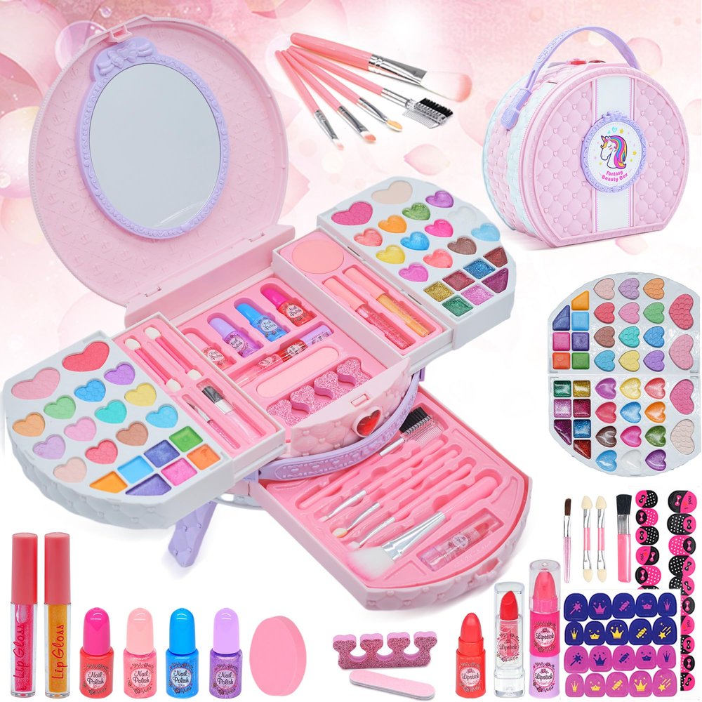 Kids Makeup Sets for Girls - Washable and Safe Makeup for Kids with Dresser Vanity Case, Girls Makeup Sets Ages 3-12, Christmas Birthday Gifts Toys for 4 5 6 7 8 9 Year Old Girl(Pink Purple)
