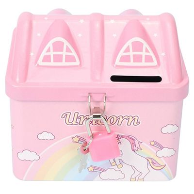 Zerodeko Cartoon House Piggy Bank for Kids Girls Metal Money Saving Bank with Lock 4.72 Inch Coin Jar for Bedroom Study and Playroom
