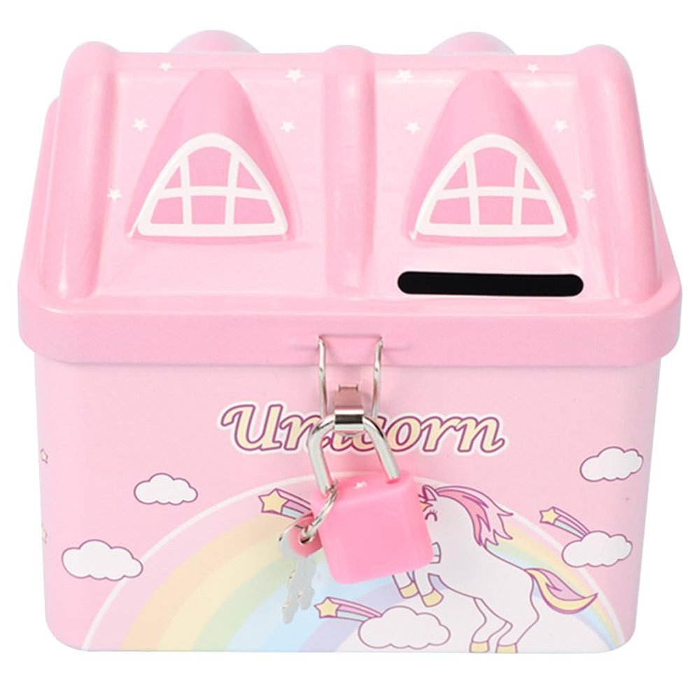 Zerodeko Cartoon House Piggy Bank for Kids Girls Metal Money Saving Bank with Lock 4.72 Inch Coin Jar for Bedroom Study and Playroom