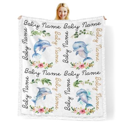 Novusopt Custom Baby Blankets for Boys with Dolphin Name Receiving Baby Blanket Boy Girl Neutral Sherpa Blanket Personalized Blanket Warm Fuzzy Blanket Newborn Nursery Receiving Blankets