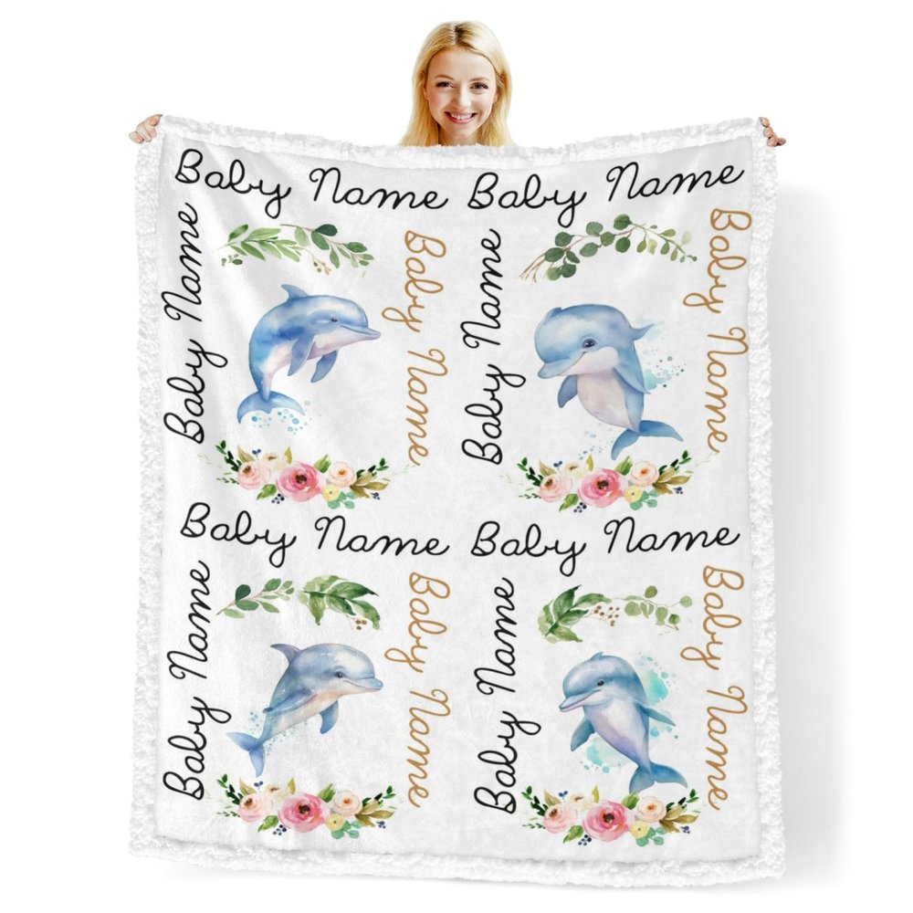 Novusopt Custom Baby Blankets for Boys with Dolphin Name Receiving Baby Blanket Boy Girl Neutral Sherpa Blanket Personalized Blanket Warm Fuzzy Blanket Newborn Nursery Receiving Blankets