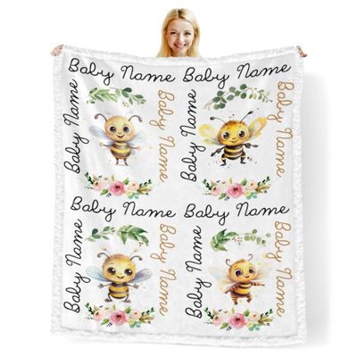 Novusopt Custom Baby Blankets for Boys with Honey Bee Name Receiving Baby Blanket Boy Girl Neutral Sherpa Blanket Personalized Blanket Warm Fuzzy Blanket Newborn Nursery Receiving Blankets