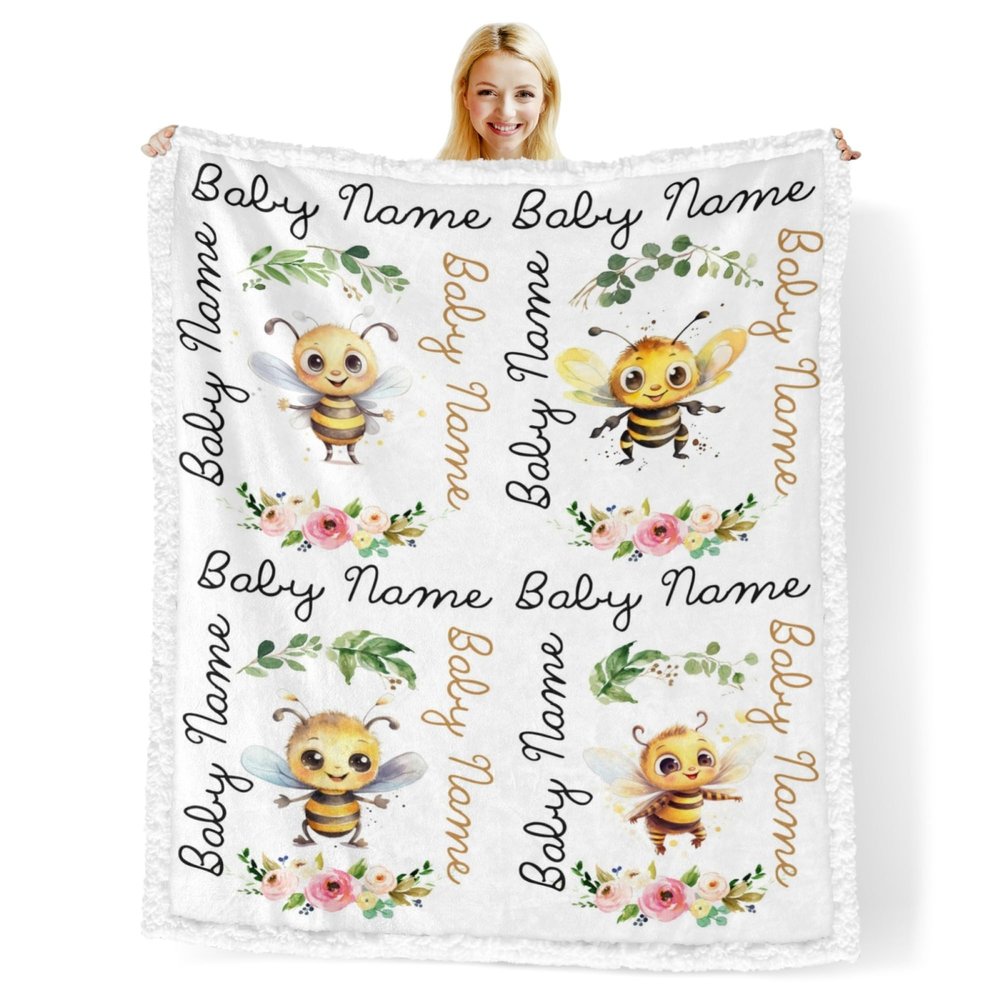 Novusopt Custom Baby Blankets for Boys with Honey Bee Name Receiving Baby Blanket Boy Girl Neutral Sherpa Blanket Personalized Blanket Warm Fuzzy Blanket Newborn Nursery Receiving Blankets