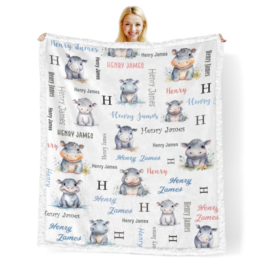 Novusopt Custom Baby Blankets for Boys with Hippo Name Receiving Baby Blanket Boy Girl Neutral Sherpa Blanket Personalized Blanket Warm Fuzzy Blanket Newborn Nursery Receiving Blankets
