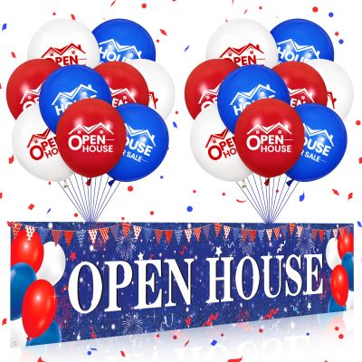 Open House Signs for Real Estate 98 x 18 Inches Banner Yard Sign With 18 PCS 12 Inch Latex Balloons - Agent Supplies for Outside Business (Red Blue White)