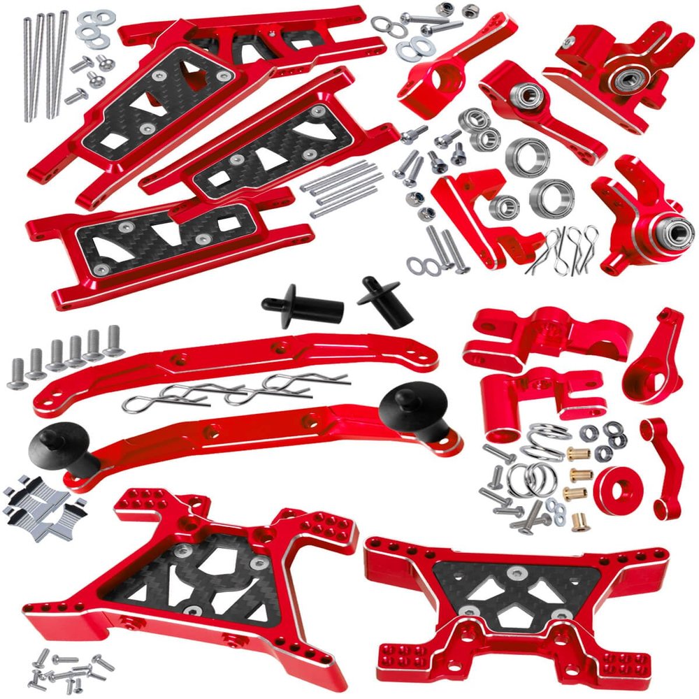 RCMYou Upgrades Part for 1/10 Slash 4x4/ Slash 4x4 VXL,Alloy Suspension Arm,Shock Absorber,Caster Block,Steering Blocks,Stub Axle Carriers,Steering Bellcranks,Body Mounts,Red