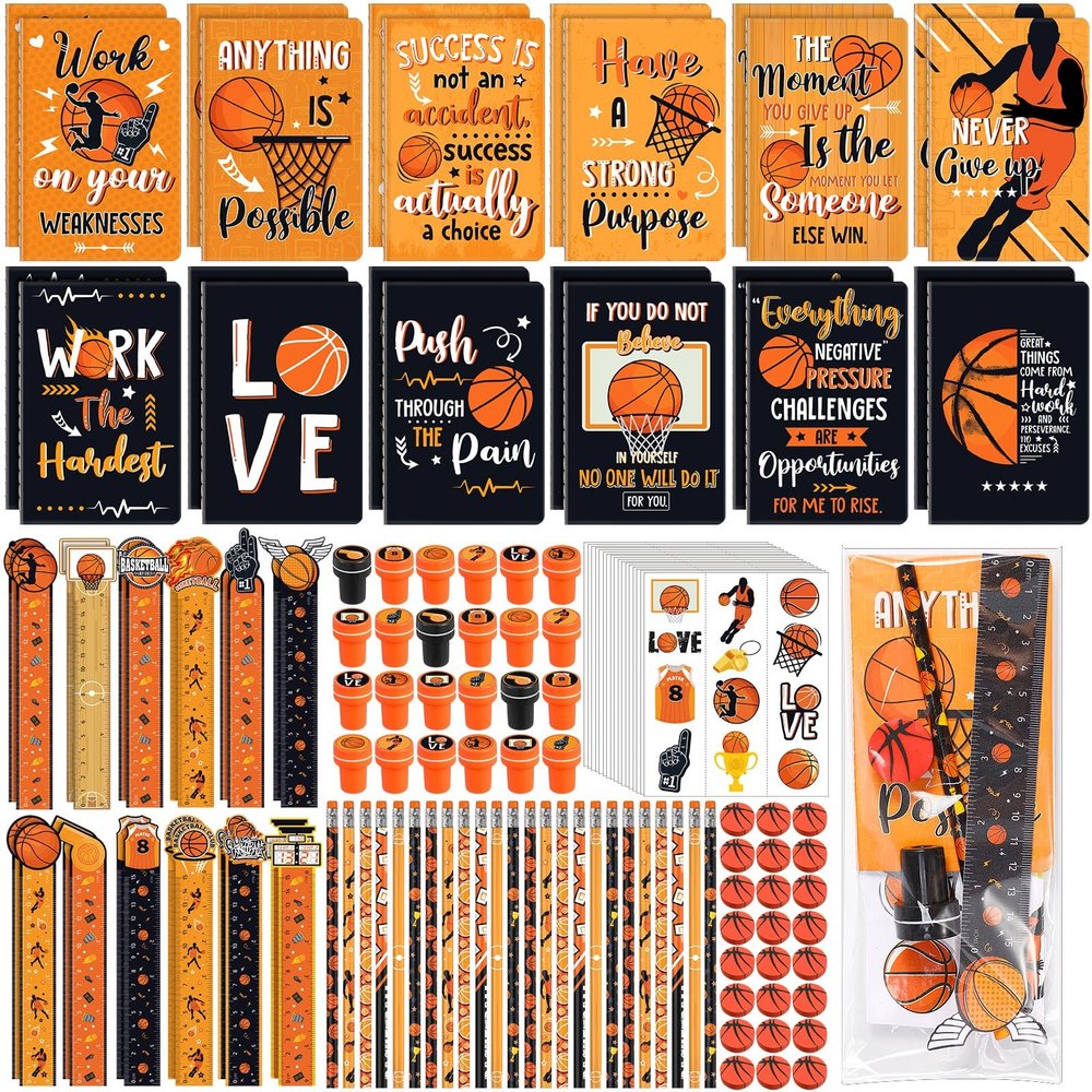 Capoda 168 Pcs Basketball Birthday Party Favors Basketball Treats for Team Goodie Bags Stuffers Student Prizes Mini Notebook Pencil Stamp Sticker Stationery Set for Classroom Rewards Birthday Gift