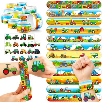 48PCS Tractor Party Favors - 24PCS Tattoos & 24PCS Slap Bracelets - Farm-Themed Birthday Supplies, Green Tractor Decorations, Classroom Prizes, Gifts for Boys & Girls