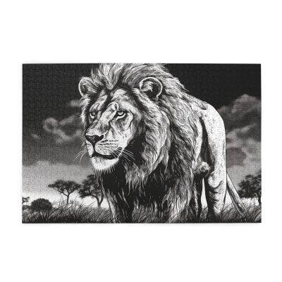 1000 Piece Jigsaw Puzzle for Adults Personalized Picture Puzzle Lion Black White Illustration Customized Wooden Puzzle for Family, Birthday, Wedding, Game Nights Gifts, 29.5"x19.7"