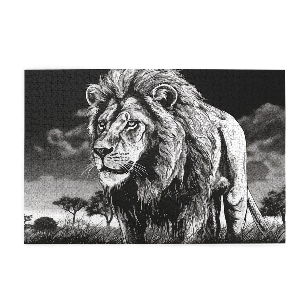 1000 Piece Jigsaw Puzzle for Adults Personalized Picture Puzzle Lion Black White Illustration Customized Wooden Puzzle for Family, Birthday, Wedding, Game Nights Gifts, 29.5"x19.7"