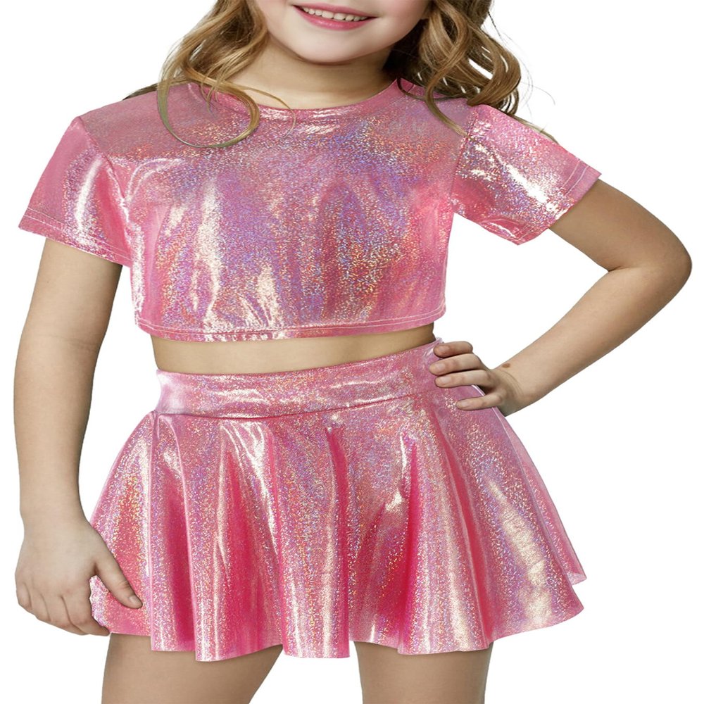 Happy Cherry 2Pcs Kids Girls Shiny Metallic Short Sleeve Crop Top with Pleated Skirt Set Rose Red 8-9 Years