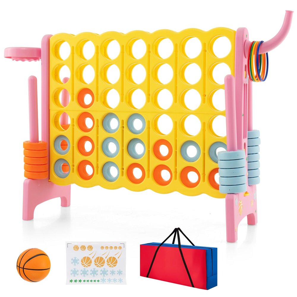 Costzon Giant 4-in-A-Row, Jumbo 4-to-Score Giant Game w/Carrying Bag, Basketball Hoop, 42 Jumbo Rings, Quick-Release Slider, Indoor Outdoor Family Connect Game for Kids & Adults, Backyard Games