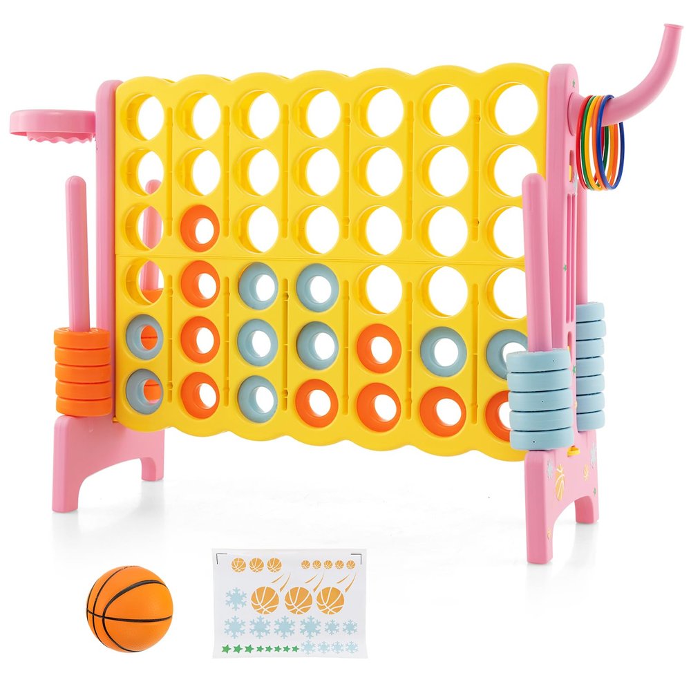 Costzon Giant 4-in-A-Row, Jumbo 4-to-Score Giant Game w/Basketball Hoop, Ring Toss, Quick-Release Slider, 42 Jumbo Rings, Indoor Outdoor Family Connect Game for Kids & Adults, Backyard Games