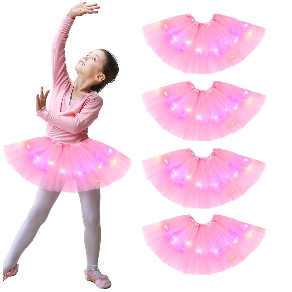 4 Pcs Pink Girls Light up Tutu Skirt Light Up Dancing Skirt Tulle Ballet Dress Up,3 Layered Sparkly Party Tutu Costume for 2-8 Year