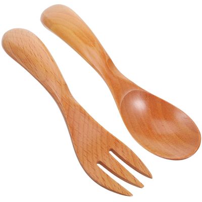 OKUMEYR Beech Wood Spoon Fork Set Mini Japanese Style Portable Flatware Lightweight Baby Kid Eating Utensils for Dining Salad Soup