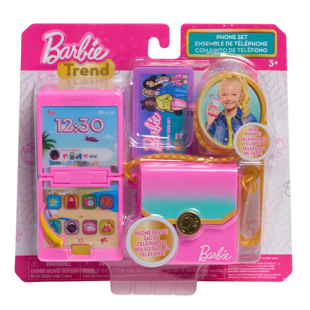 Barbie Trend Lights and Sounds Phone Set, 4-Pieces, Interactive Toy Phone, Toy Purse, Dress Up and Pretend Play, Kids Toys for Ages 3 Up by Just Play