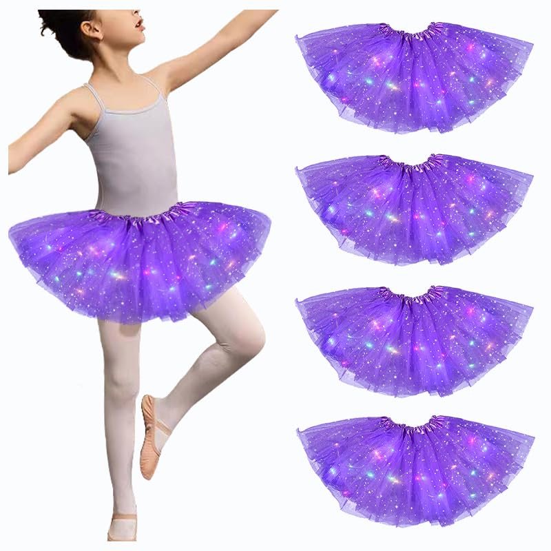 4 Pcs Purple Girls Light up Tutu Skirt Light Up Dancing Skirt Tulle Ballet Dress Up,3 Layered Sparkly Party Tutu Costume for 2-8 Year