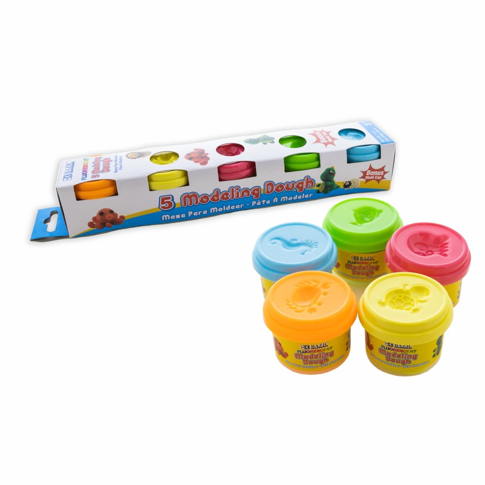 BAZIC Products Modeling Dough 1 Oz, 5 Fluorescent Colors, Non Toxic Soft DIY Modeling Clay with Mold Caps for Art and Crafts, Sculpting, ren, 1-Pack