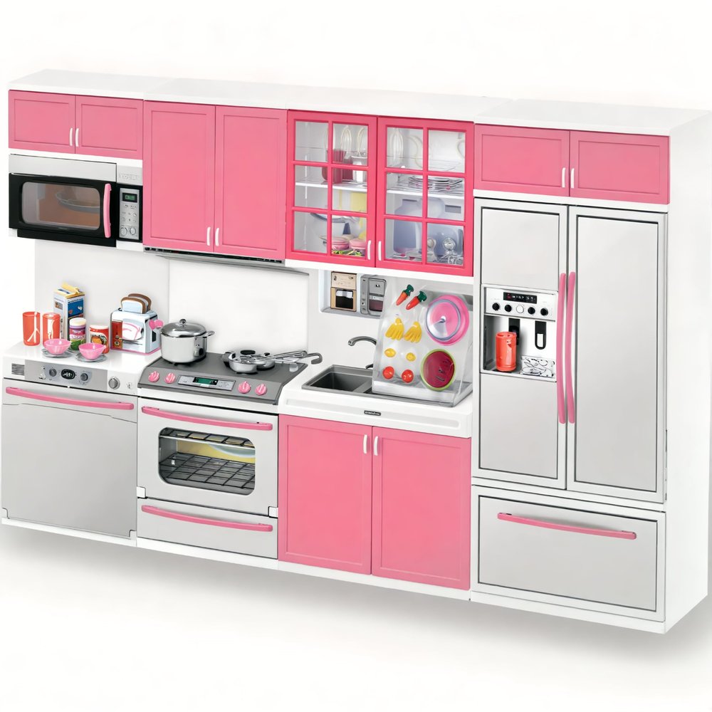 Doll Kitchen Playset for Kids, My Modern Mini Kitchen House Furniture Pretend Play Toy Accessories Set with Realistic Lights & Sounds for Toddlers, Girls (4-in-1)