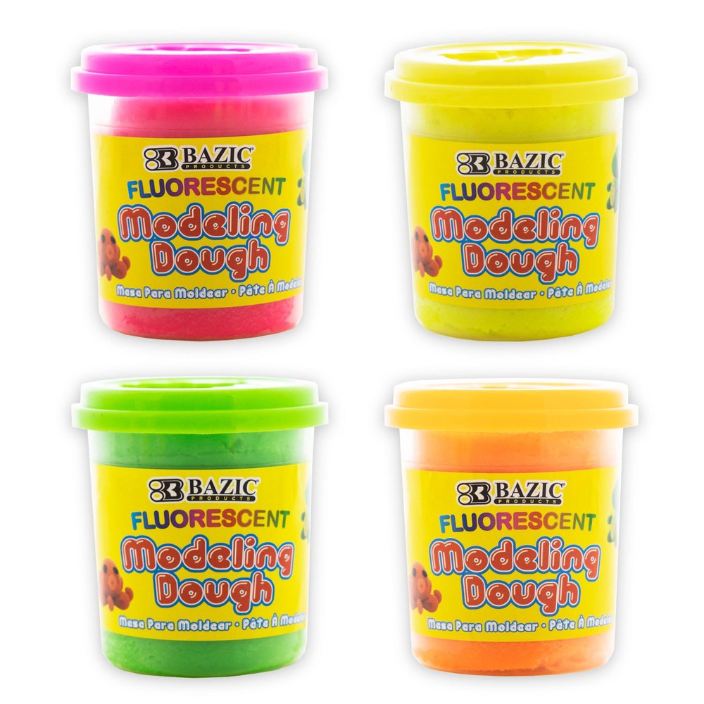 BAZIC Products Modeling Dough 7.76 Oz, 4 Fluorescent Colors, Non Toxic Soft DIY Modeling Clay w/Mold Caps for Art and Crafts, Sculpting, Kids Children, 24-Pack