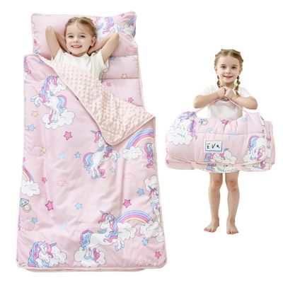 Lasoftan Toddler Nap Mat with Pillow and Blanket, Extra Large Rolled Napping Mats, Toddler Nap Mat for Boys Girls,Kids Sleeping Mat for Daycare, Preschool Travel Camping, Unicorn