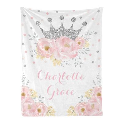 Seamaid Custom Baby Blankets for Girls Personalized Name Blanket for Kid Personalized Baby Gifts Custom Princess Crown Blanket for Girls - Silver Floral Crown 40x50in