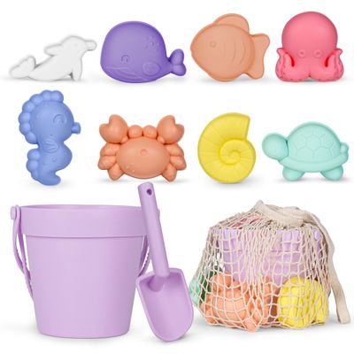 MarcZero 11Pcs Silicone Beach Toys,Modern Baby Beach Toys,Travel Friendly Beach Set,Eco Friendly Toy,Silicone Bucket, Shovel, 8 Sand Molds, Beach Bag,Silicone Sand Toys for Toddlers, Kids (Purple)