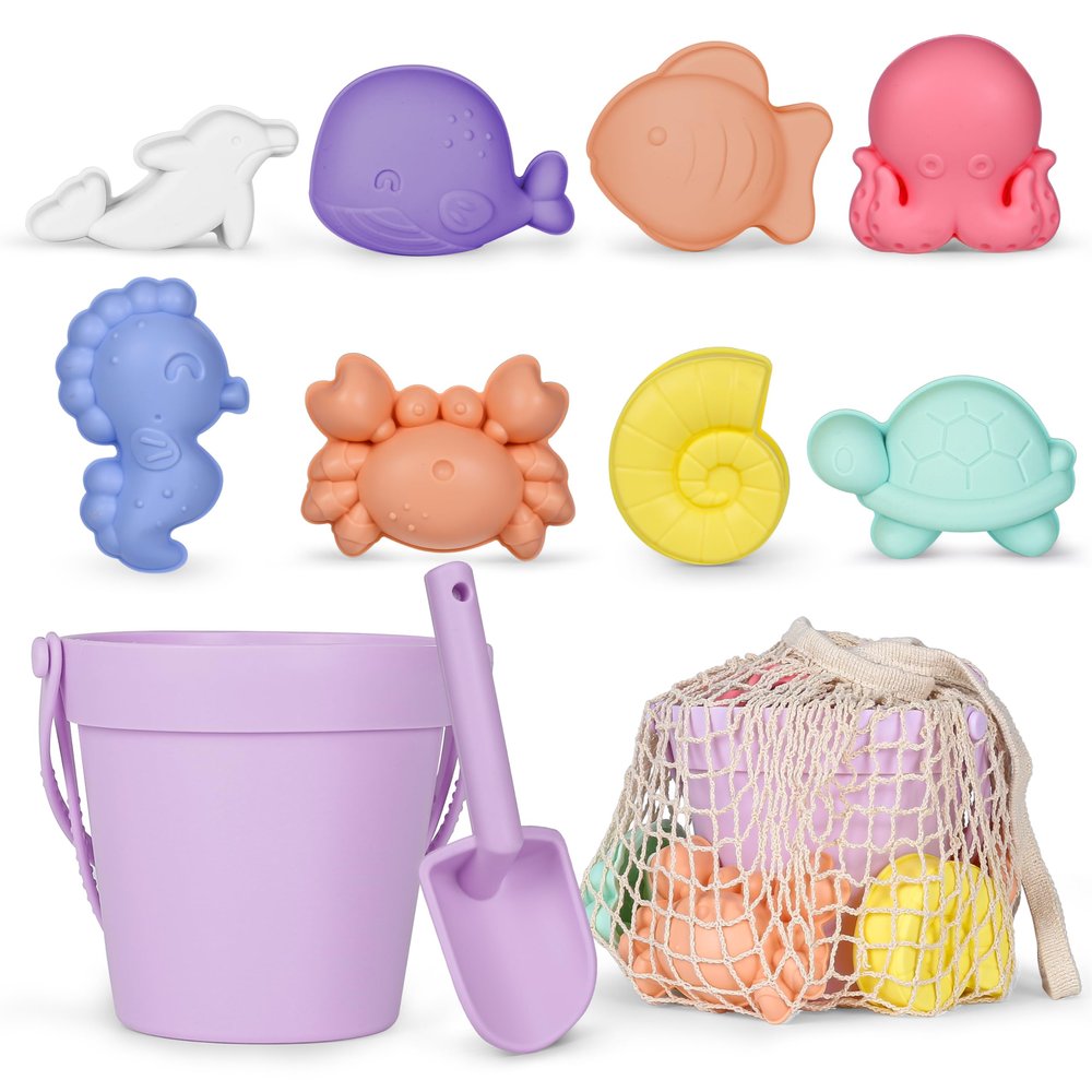 MarcZero 11Pcs Silicone Beach Toys,Modern Baby Beach Toys,Travel Friendly Beach Set,Eco Friendly Toy,Silicone Bucket, Shovel, 8 Sand Molds, Beach Bag,Silicone Sand Toys for Toddlers, Kids (Purple)