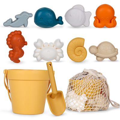 MarcZero 11Pcs Silicone Beach Toys,Modern Baby Beach Toys,Travel Friendly Beach Set,Eco Friendly Toy,Silicone Bucket, Shovel, 8 Sand Molds, Beach Bag,Silicone Sand Toys for Toddlers, Kids (Yellow)