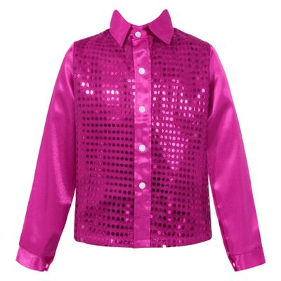 YOOJOO Kids Boys Disco Shirt Sequins Long Sleeve Button Down Shirts 70s Party Costume Latin Jazz Hip Hop Dance Shirts HotPink 5-6 Years
